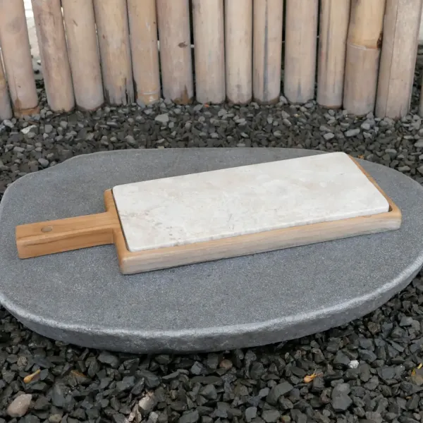 Holztablett, aus Teakholz und Marmor, 40 x 15 x 3 cm 